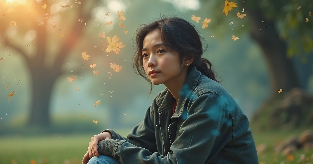 Person reflecting with overlapping images of past experiences and emotions.