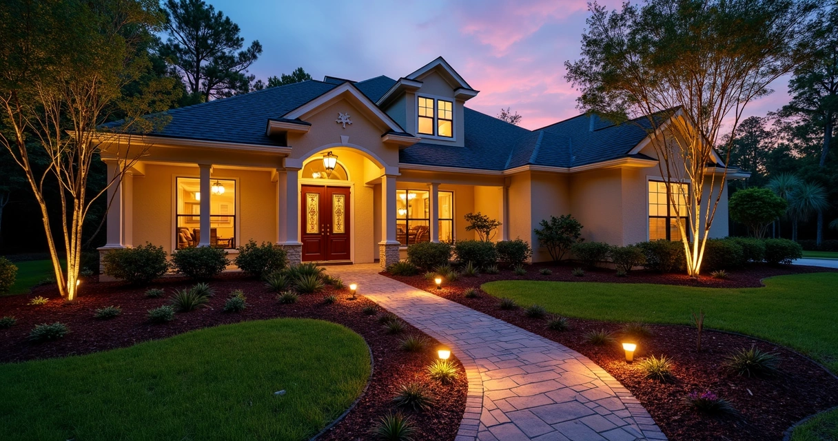 Front yard at dusk with path lights highlighting pavers and landscaping. 