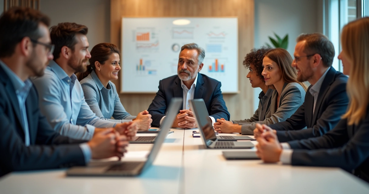 Diverse business team in open discussion around a conference table 