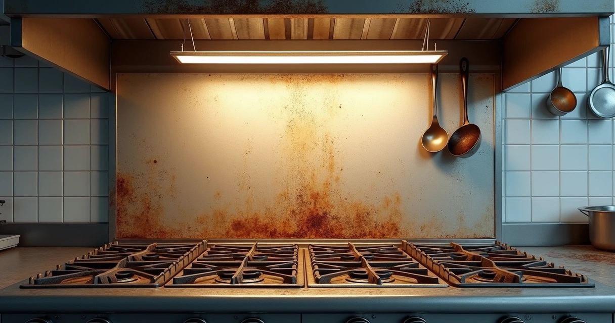 7 causas silenciosas de infestação de pragas em restaurantes 3 Coifa industrial suja acima de fogão comercial