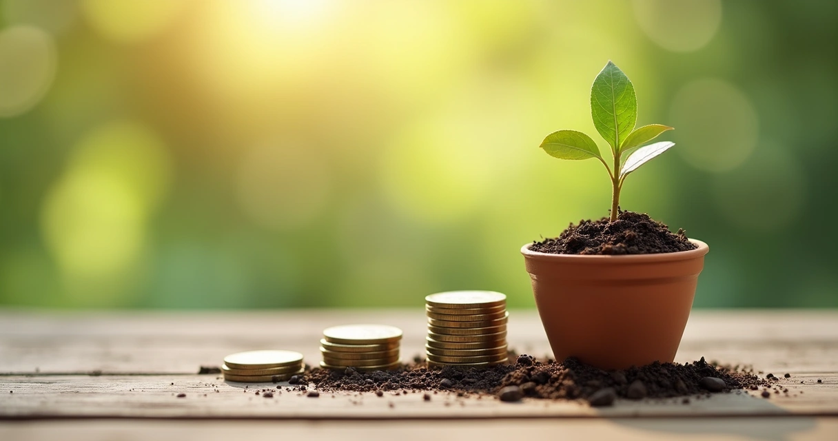 Coins beside a small plant in warm sunlight
