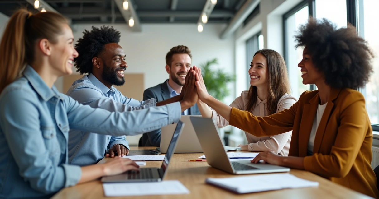 Colegas de trabalho celebrando reunião bem-sucedida em escritório moderno 
