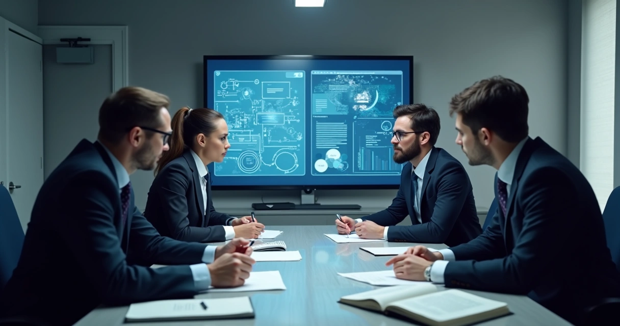 Advogados reunidos analisando tela digital com IA 