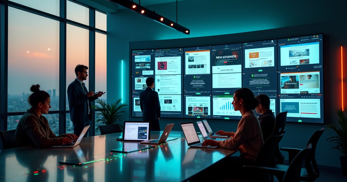 Equipe de agência digital colaborando em painel com múltiplos sites geridos por IA 