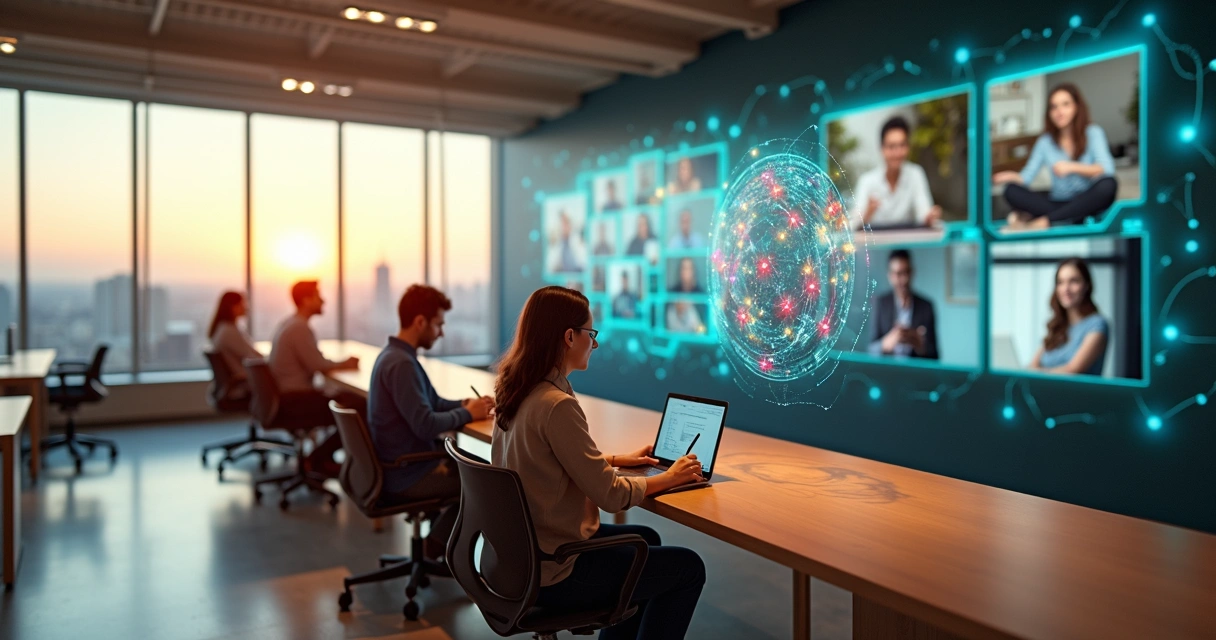 Equipe conectada por telões em grande espaço de trabalho híbrido 