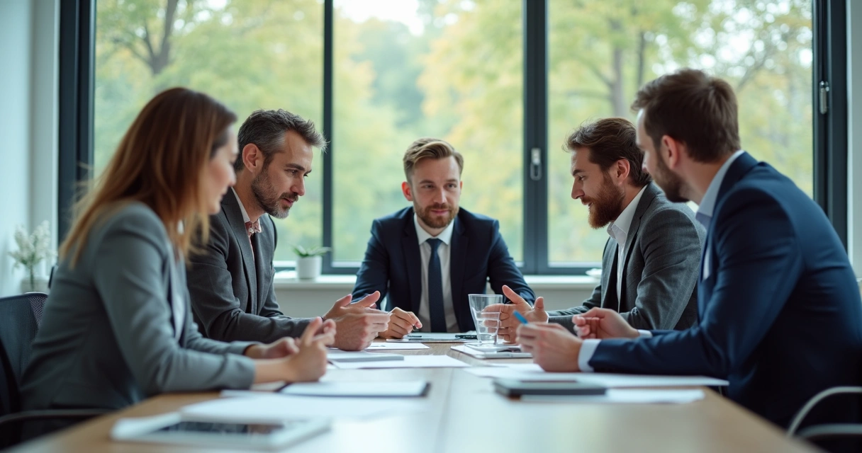 Profissionais diversos em mesa de reunião discutindo projetos 