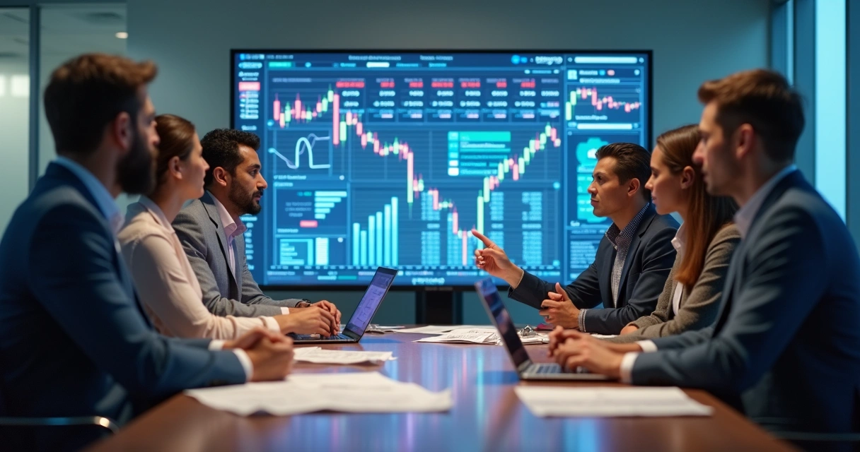 Equipe de analistas financeiros reunida discutindo dados em gráficos 