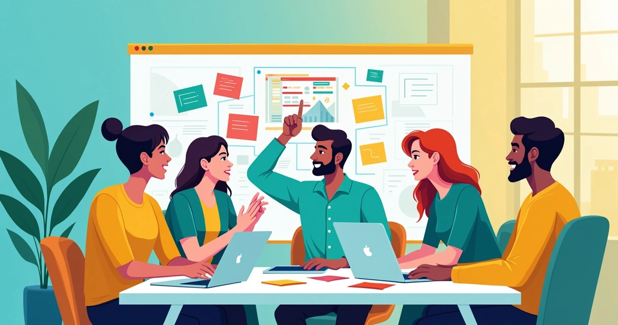 Equipe diversa colaborando em um projeto de aplicativo nocode em um ambiente de trabalho moderno.