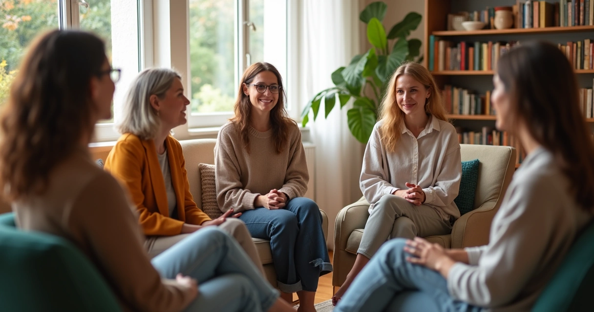 Pessoas sentadas em roda, conversando de maneira aberta e acolhedora 