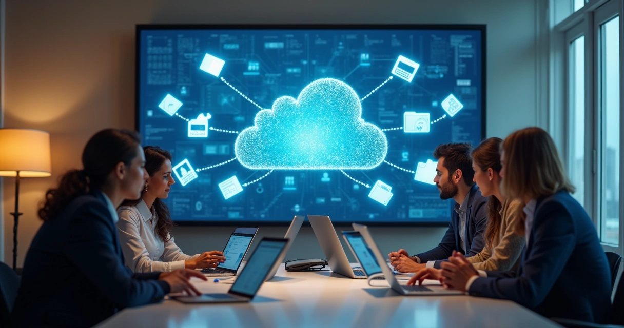 Colaboradores compartilhando arquivos em nuvem corporativa 