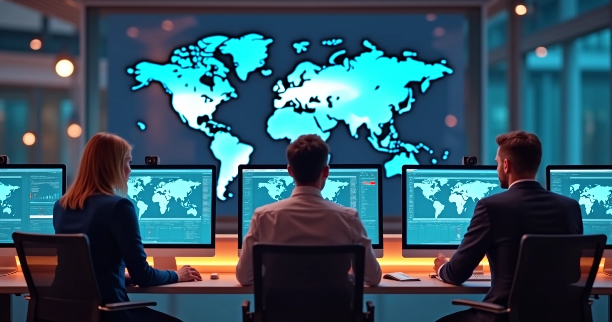 Equipe global trabalhando online com fuso horários diferentes em videochamadas. 