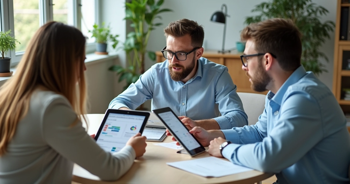 Profissionais de contabilidade colaborando digitalmente ao redor de uma mesa com tablets 