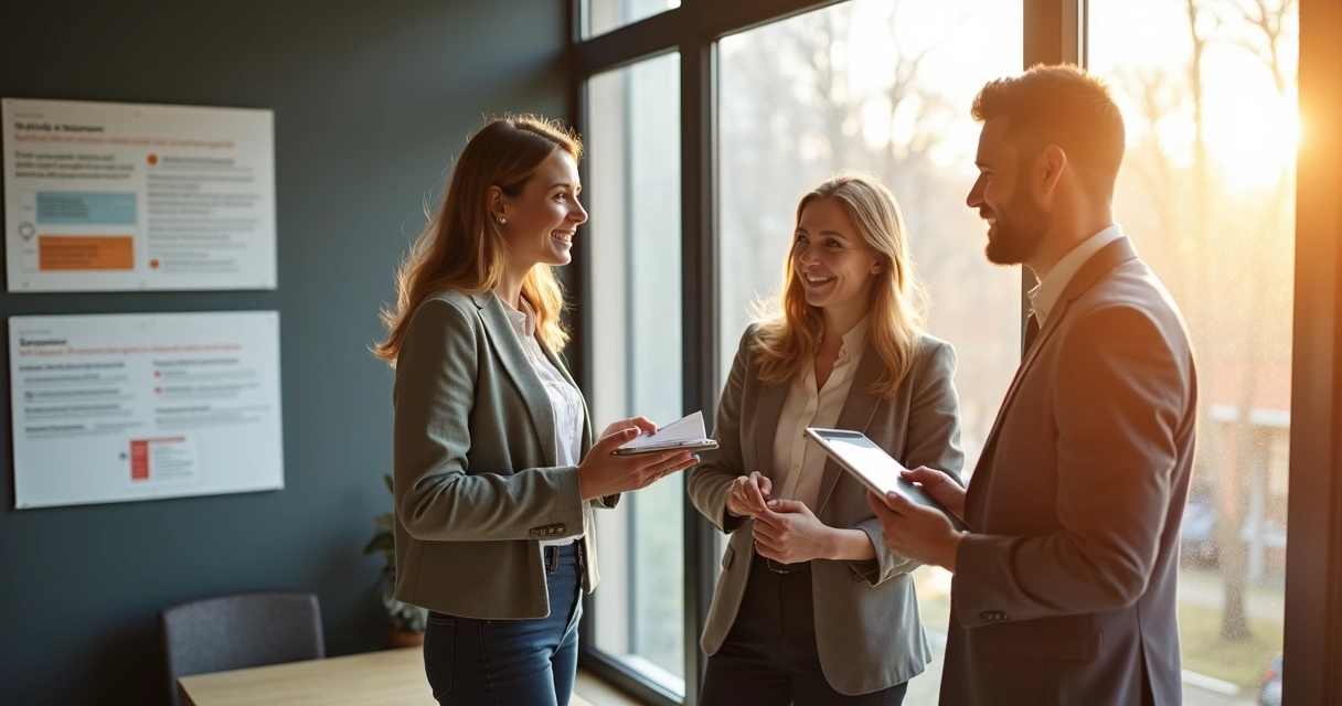 Colaboradores conversando de pé, compartilhando ideias. 
