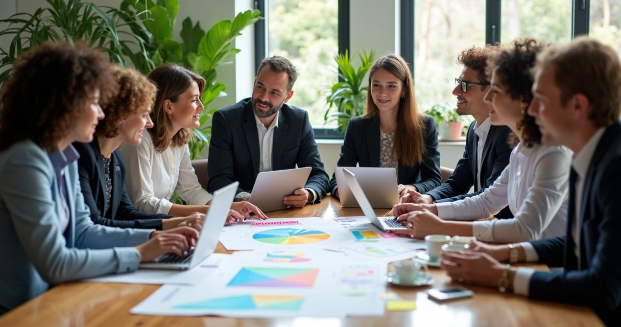 Colaboradores em reunião ao redor de uma mesa mostrando ideias e projetos, com papéis coloridos, copos de café e laptops.