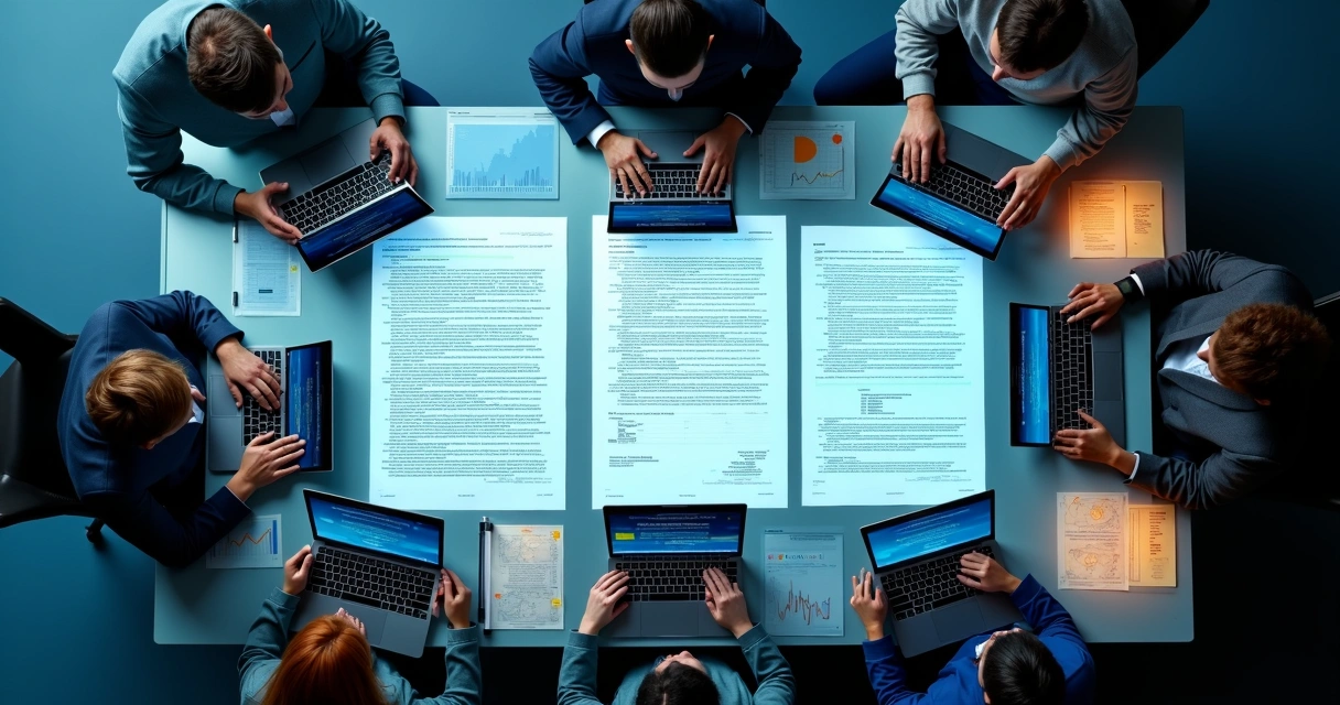 Equipe colaborando na revisão de contrato em plataforma digital 