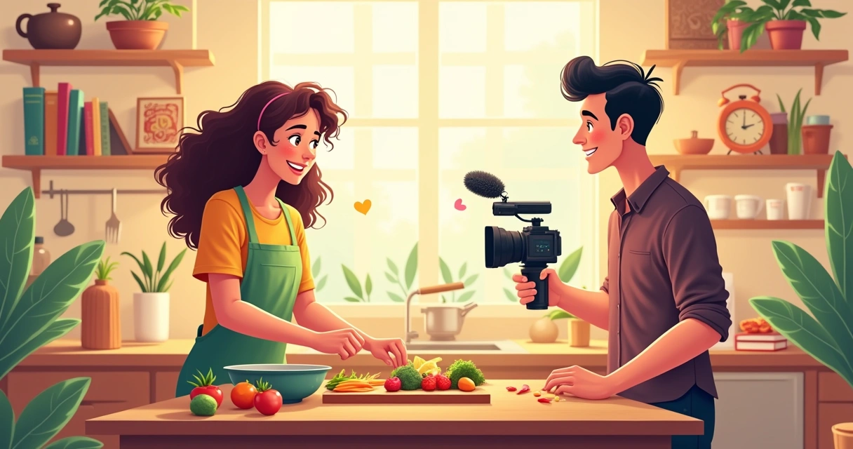 Duas pessoas colaborando em um estúdio iluminado, um filmando uma receita e outro capturando o momento.