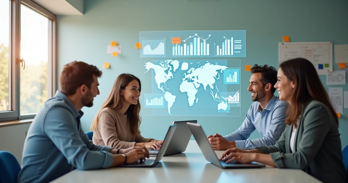 Equipe colaborando em projeto de cultura de dados com dispositivos digitais 