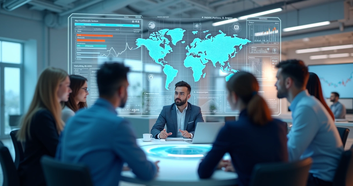 Equipe colaborando com painéis digitais para projetos de inovação. 