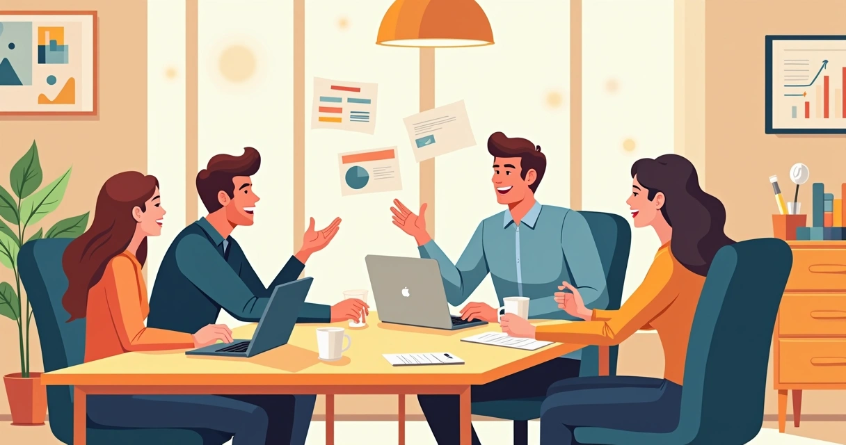 Equipe discutindo dados ao redor de mesa com post-its e laptops 