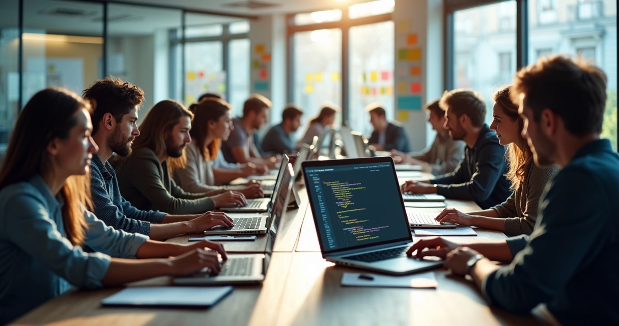 Vários desenvolvedores em laptops colaborando em um projeto de código aberto