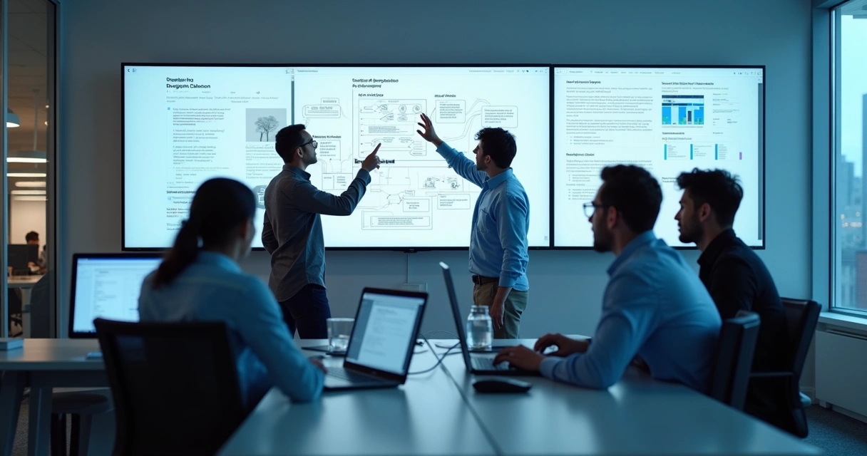 Equipe de design e desenvolvimento colaborando em ambiente digital 