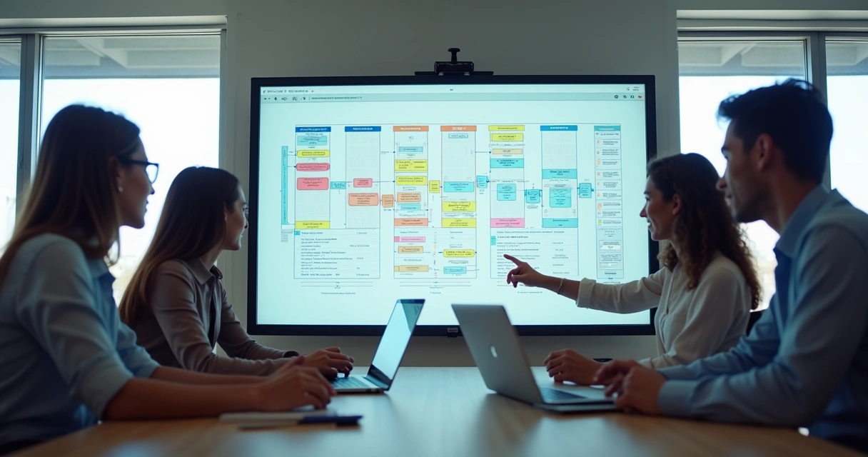 Equipe reunida colaborando em diagrama digital 