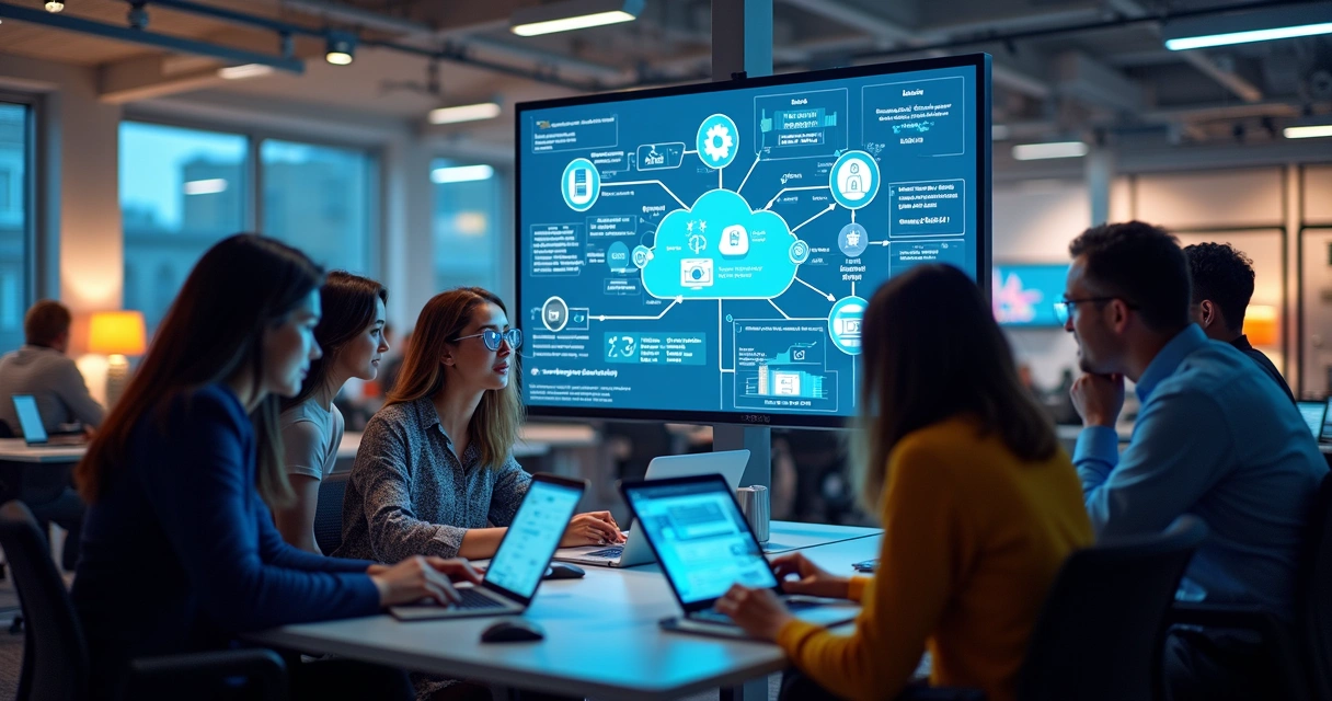 Colaboração em diagrama técnico por equipe ágil de tecnologia 