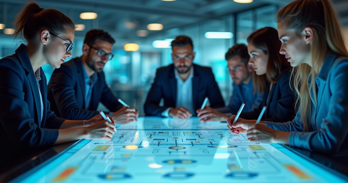 Equipe técnica revisando padrão de símbolos em diagrama colaborativo 