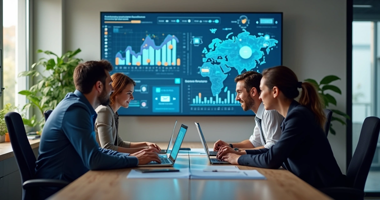 Equipe de escritório reunida em frente a telas com gráficos digitais 