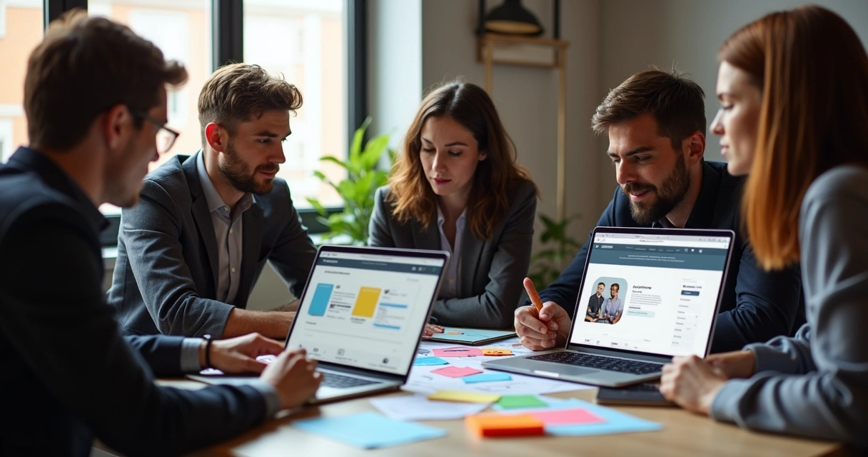 Equipe discutindo layout de site em notebooks 