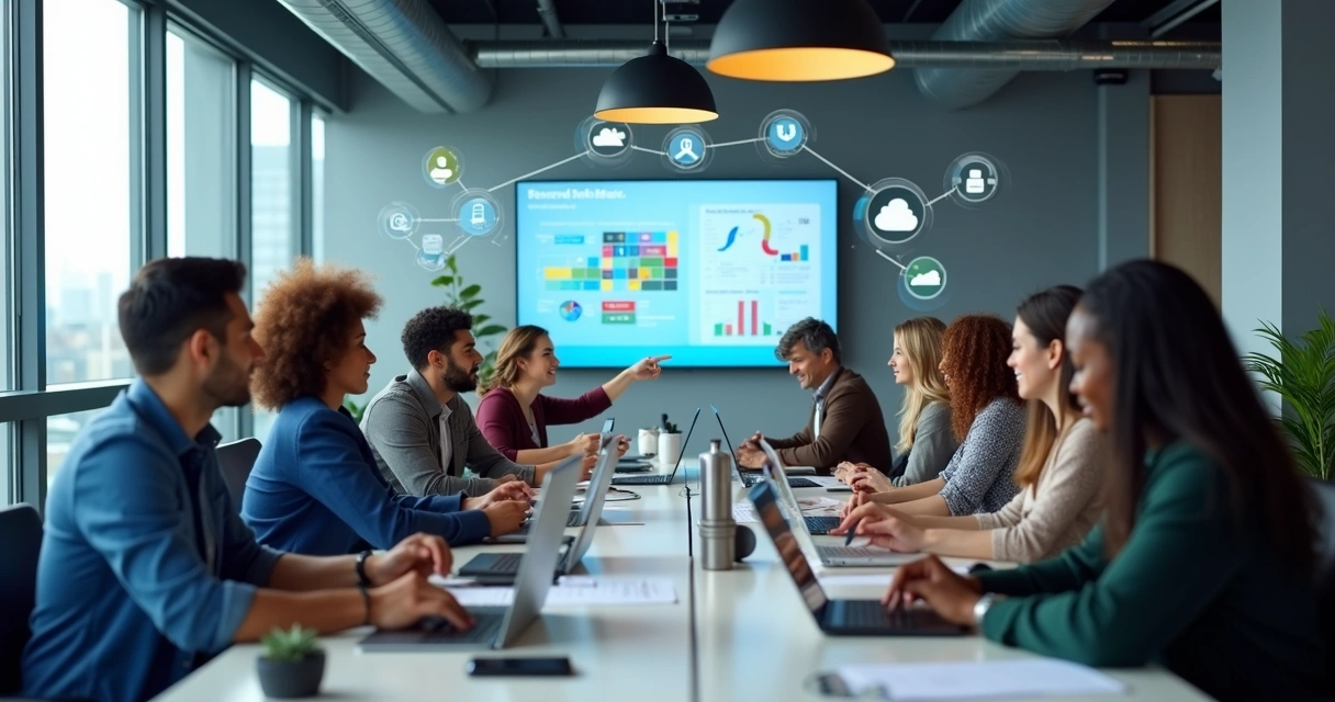 Equipe reunida em torno de uma mesa interagindo com computadores e tablets 