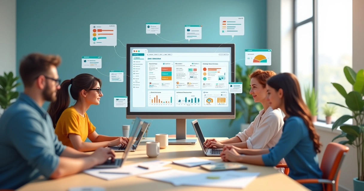 Equipe trabalhando conectada em ambiente digital usando ferramentas de gestão 