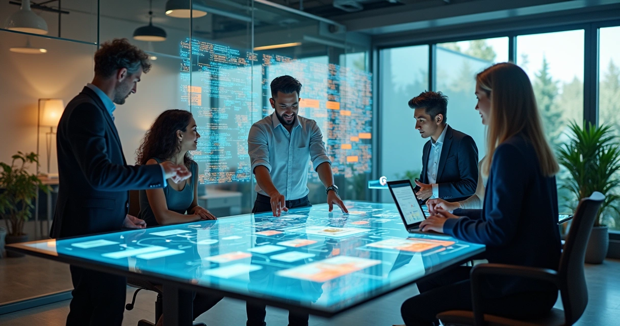 Equipe empresarial colaborando em plataforma digital gigante no escritório moderno 