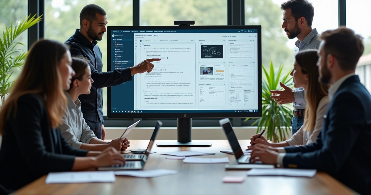 Profissionais trocando feedbacks digitais em frente ao computador, com anotações visíveis na tela
