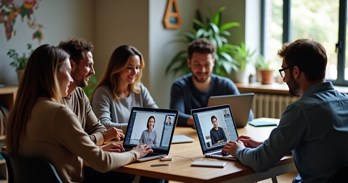 Colaboradores utilizando ferramentas digitais para colaboração em equipe híbrida 