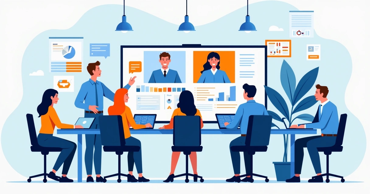 Equipe híbrida participando de reunião em vídeo e presencial, interagindo com quadros digitais e computadores 
