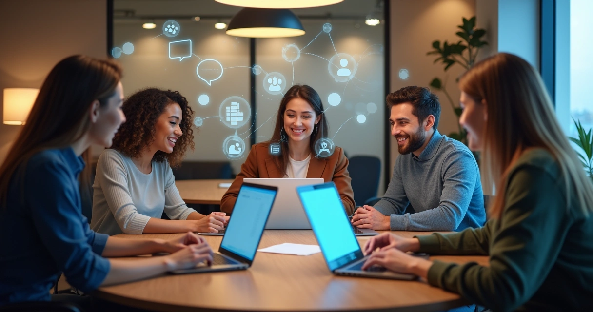 Grupo de pessoas sentadas em volta de uma mesa com laptops trocando ideias em ambiente digital colaborativo 