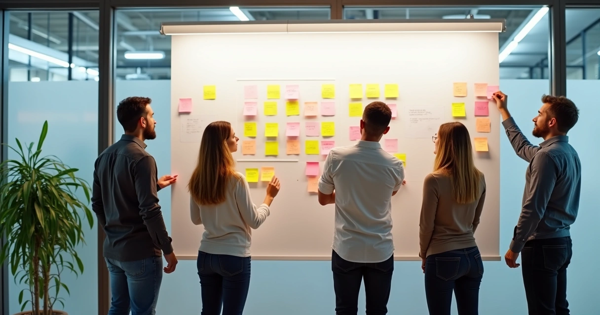 Colaboradores usando post-its coloridos em parede branca durante dinâmica de grupo