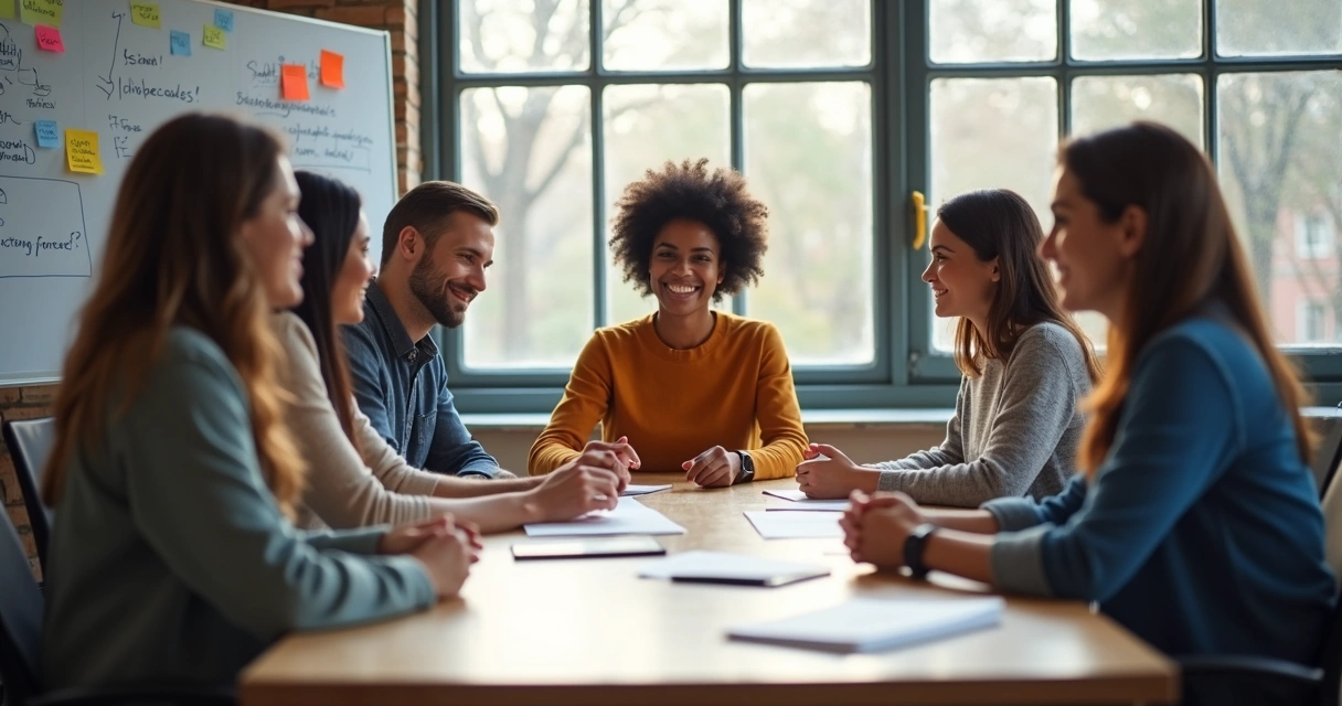 Colaboradores em uma mesa redonda debatendo ideias frente a um quadro branco