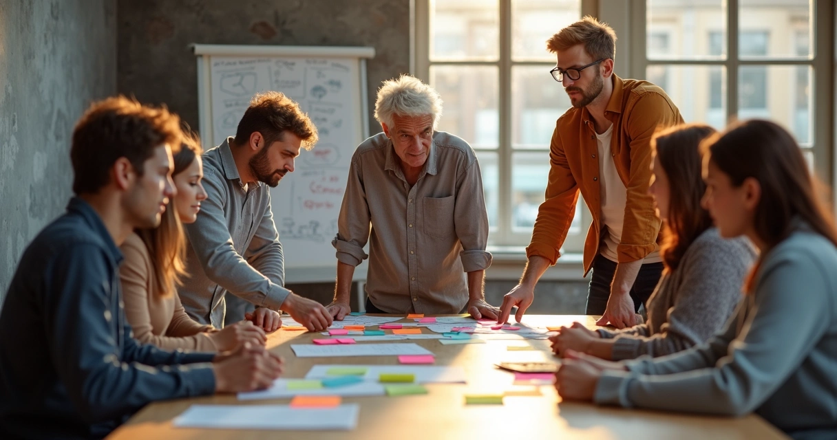 Grupo de pessoas colaborando ao redor de uma mesa com post-its de diferentes cores 
