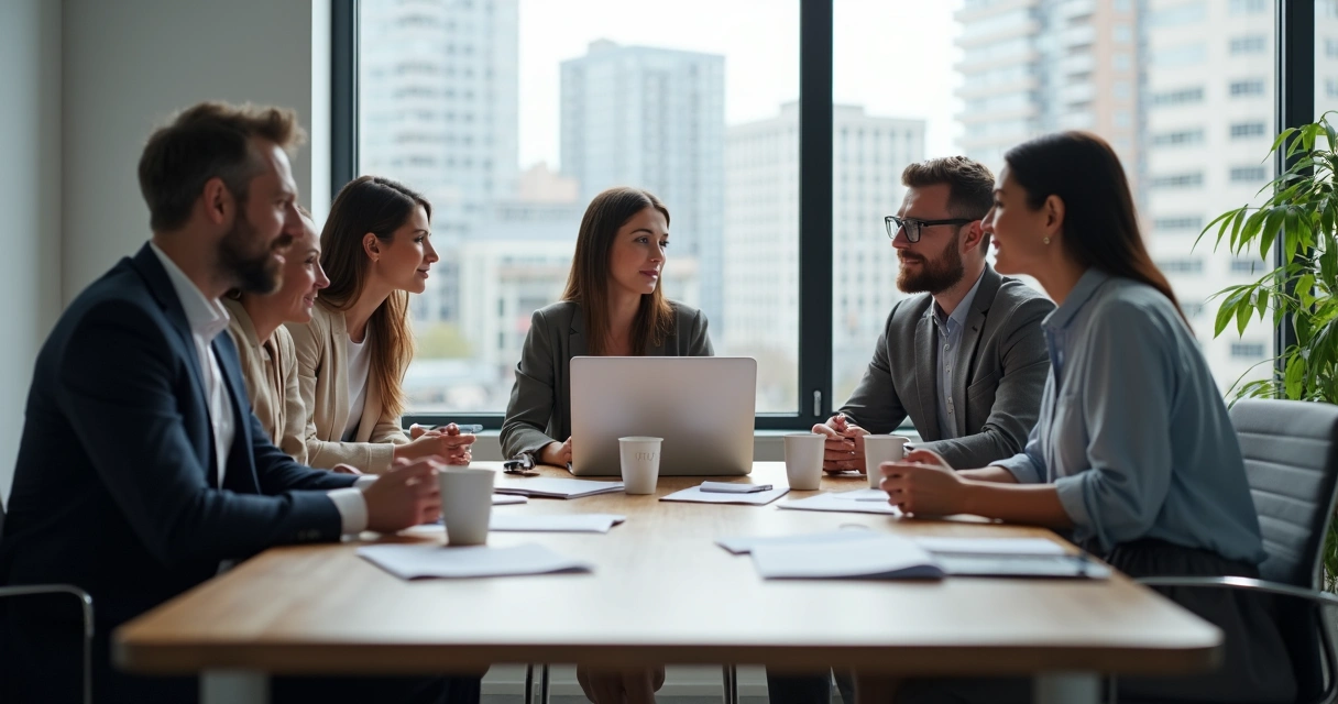 Equipe em reunião colaborativa em uma mesa de escritório 
