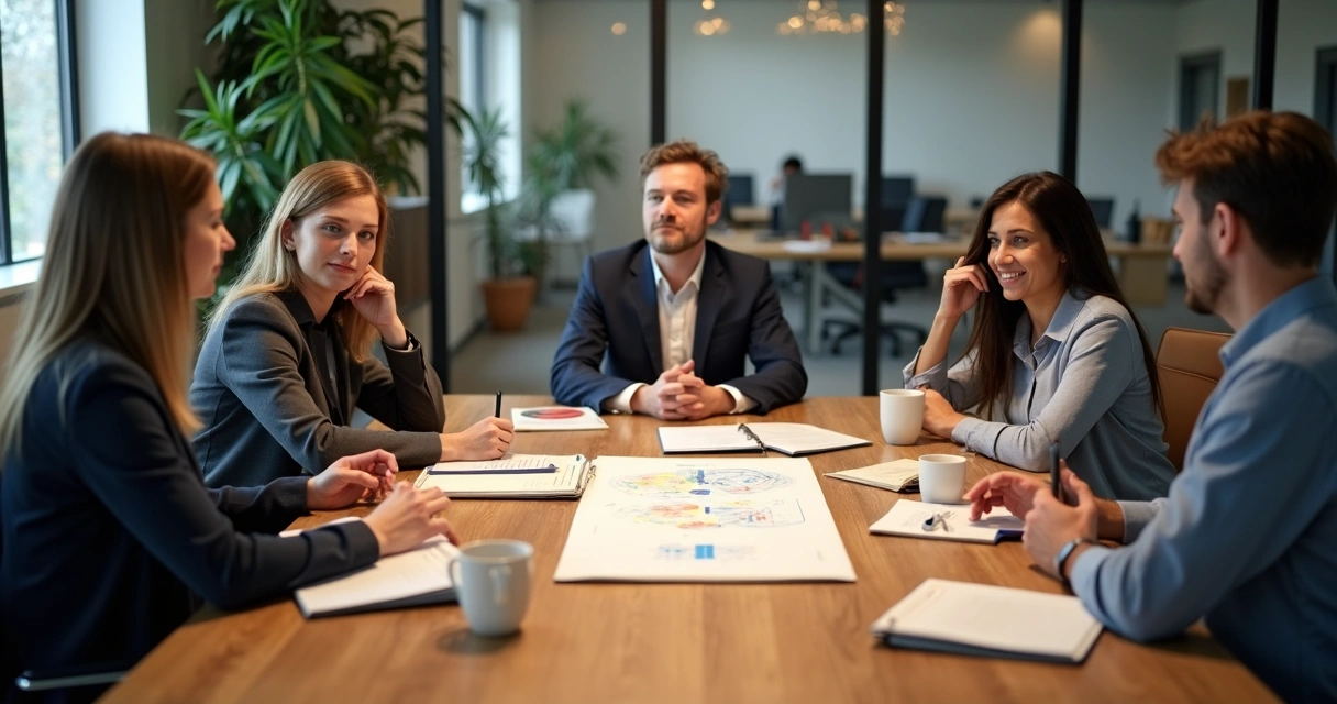 Equipe colaborando em reunião ao redor de uma mesa 