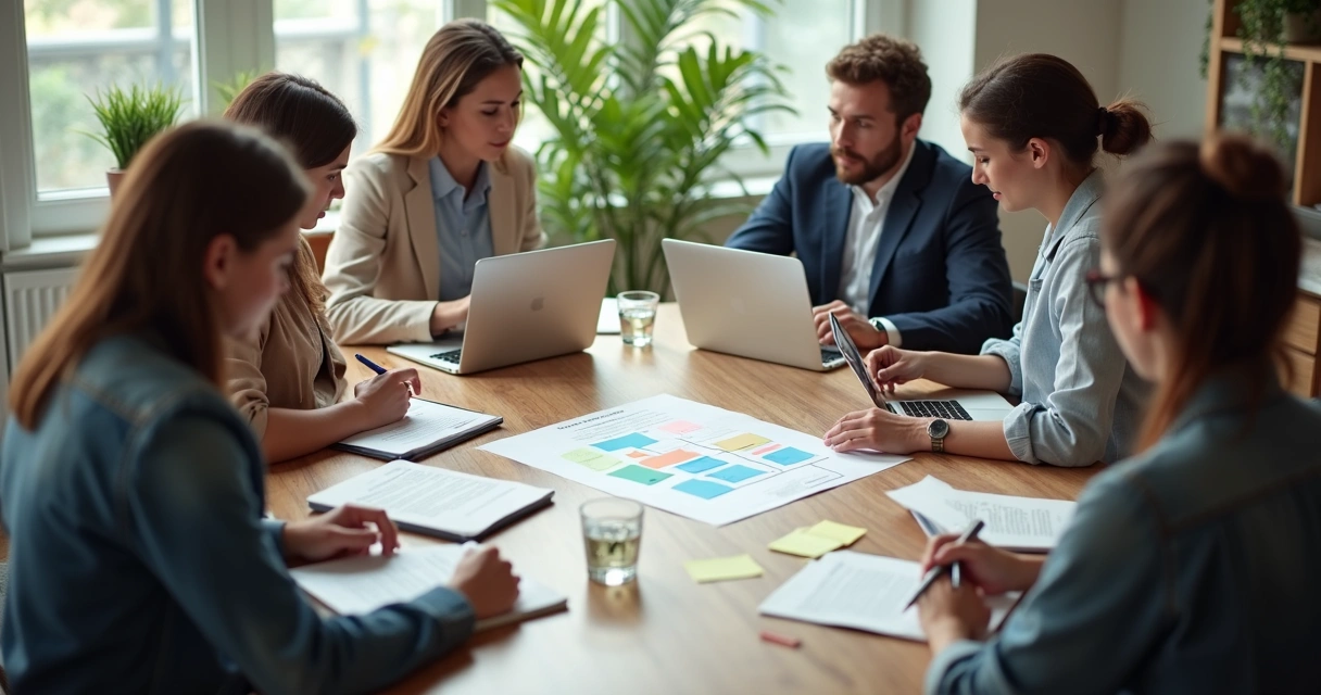 Equipe em reunião colaborativa organizando ideias em mesa compartilhada 