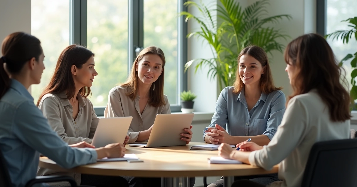 Colaboradores reunidos em ambiente de trabalho colaborativo
