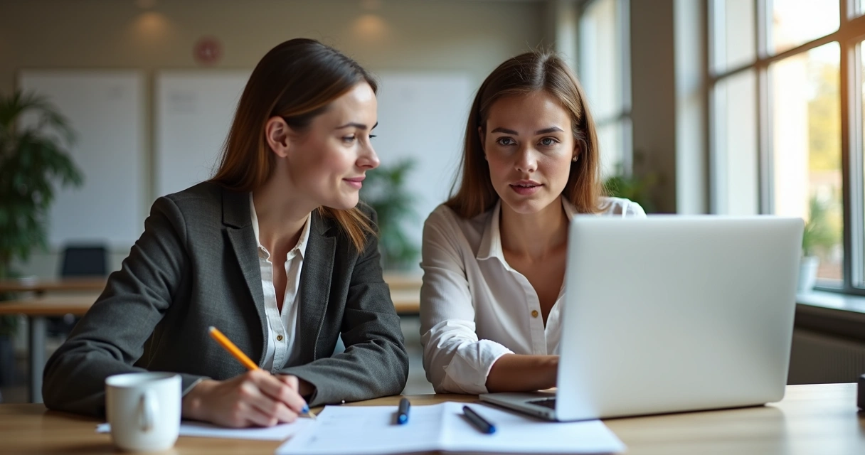 Dois membros de equipe colaborando em ambiente de trabalho