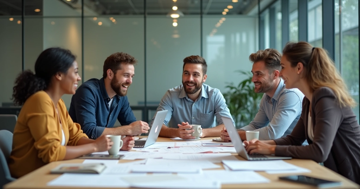 Equipes diferentes colaborando de maneira positiva e amigável em um ambiente corporativo