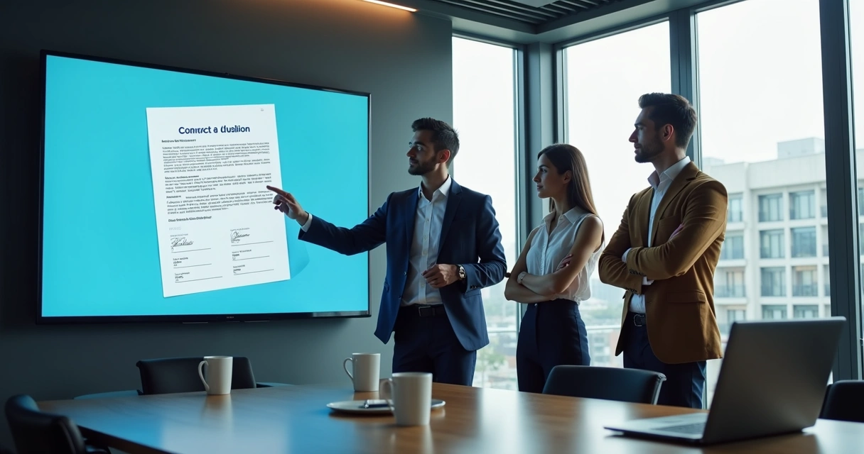 Três pessoas analisando documento digital em tela grande 