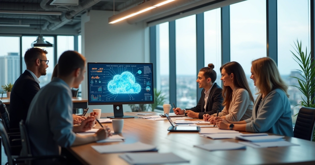 Equipe reunida em frente ao computador colaborando em projeto digital