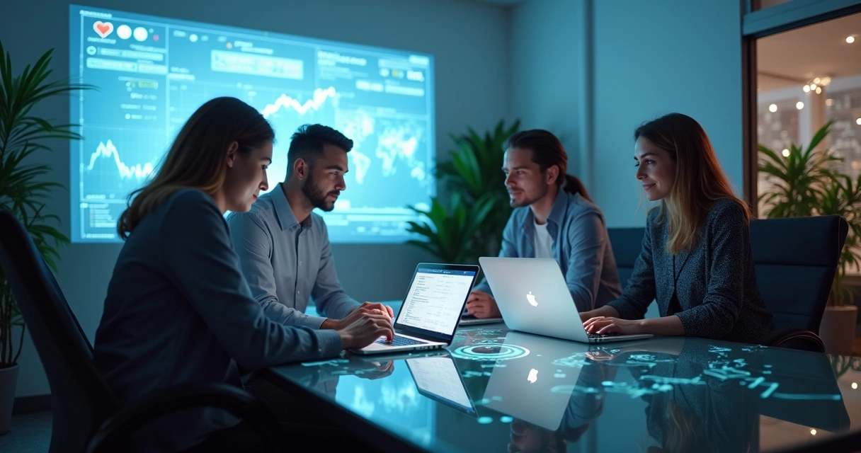 Equipe de trabalho colaborando em um escritório moderno, cada um em um notebook