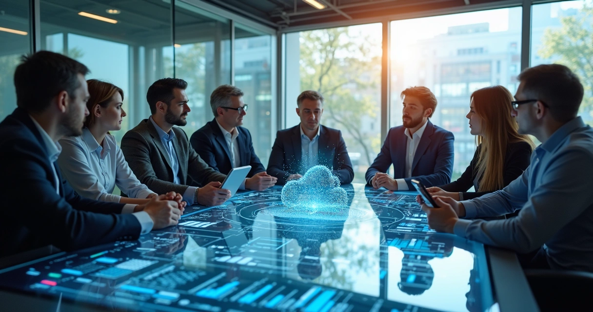 Equipe empresarial colaborando em frente a telas mostrando gráficos e dados em nuvem.